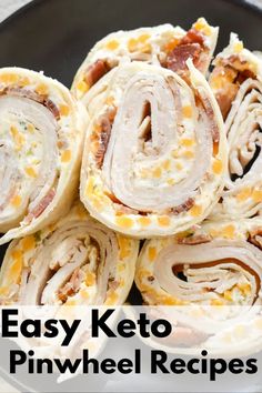 easy keto pinwheel recipe on a plate with text overlay that reads easy keto pinwheel recipes