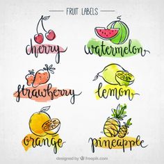 fruit labels with watermelon, lemon, pineapple and grapefruits