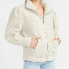 Cozy Vegan Leather Trim Sherpa Sweatshirt In Shade Oatmeal A Cream Ivory Color New Nwt Fits Size S & Xs Since Oversized Size Xs According To Tags Designed With Our Softest Sherpa For Your Coziest Fit, This Jacket Gives You The Comfort You Deserve Vegan Leather Trim And Puff Sleeves Add Extra Style Elements Features & Fabric Stand Collar; Zip Front With Vegan Leather Trim Puff Shoulders; Long Sleeves Hand Pockets; Sherpa Fabric Straight Hem Polyester Bloggers Favorite -Notice The Last 2 Photos White Long Sleeve Outerwear With Soft Texture, Cozy Cream Outerwear For Everyday Wear, Cream Sherpa Fleece Jacket For Fall, Trendy Cozy Fit Outerwear For Everyday, Cozy Cream Fleece Jacket, Cozy Cream Sherpa Fleece Jacket, Winter White Soft Outerwear For Fall, Winter White Outerwear With Soft Texture For Fall, White Sherpa Outerwear For Fall