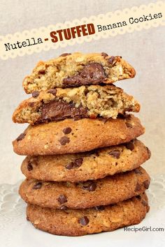 chocolate chip cookies stacked on top of each other with the words nutella - stuffed banana cookies