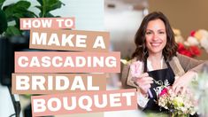 a woman in an apron is making a bridal bouquet with pink and white flowers