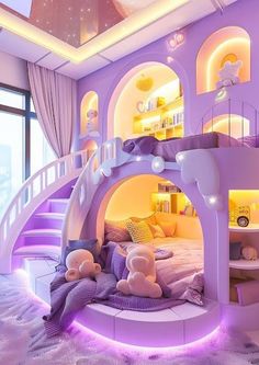 a child's bedroom with purple walls and white bedding is lit up by lights on the ceiling