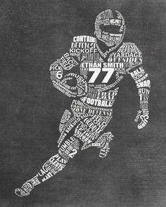 a black and white photo of a football player with words written all over the image