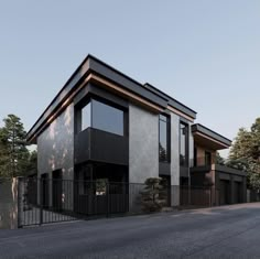 an image of a modern house in the middle of the street with lots of windows