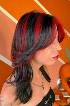 Red Chunky Highlights and Medium Feathery Layers for Black Hair Halo Hair Colors, Black Hair With Red, Red Hair Streaks, Burgundy Hair With Highlights, Hair With Red Highlights, Black Hair With Red Highlights, Red Hair Trends, Red Hair With Highlights