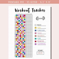 the printable workout tracker is shown in pink, yellow and green colors with text that reads