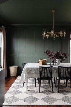 Dark Green Moody Dining Room Makeover and Ideas - Caitlin Marie Design Dark Sage Dining Room, Dark Green Dining Room Ideas, Dining Room Wall Molding Ideas, Dark Green Wall Paint, Green Dining Room Paint, Dark Green Dining Room, Dark Wainscoting, Green Dining Room Walls