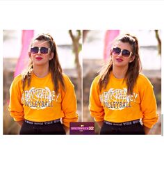 two pictures of a woman wearing sunglasses and an orange sweatshirt