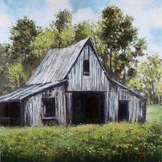 a painting of an old barn in the country