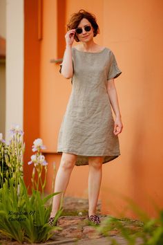 "Linen dress GRACE available in 30 color. Handmade from soft stonewashed organic linen. Breathable lightweight this dress is perfect for any occasion. - - - - - - - - - - - - - - - - - - - - - - - - - - - - - Important * Kindly note in reality, the color may be brighter or darker, depending on the resolution and technical capabilities of your computer * Please select the color you like in the drop-down menu * If you need help with determining the color, just contact us * For the colors \"striped Women Tunic, Linen Loungewear, Summer Linen, Different Dresses, Comfy Dresses, Linen Tunic, Organic Linens, Dress Midi, Dress For Short Women