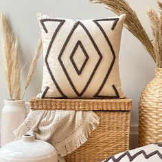 a wicker basket with two vases and some plants in it next to a decorative pillow