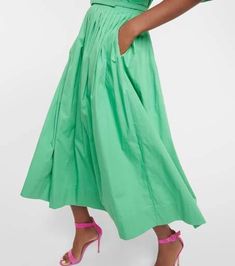 Effervescent colors and amplified volume define Oscar de la Renta's eveningwear capsule. Made from pure cotton poplin in aloe green, this gown has voluminous puff sleeves, an off-shoulder neckline, and a flared silhouette with sharp pleating and a midi hem..Lining: 100% cotton, fully lined.Made in Italy.Closure: zipped back.Designer color name: Aloe.Care instructions: dry clean.Material: 100% cotton.Detachable belt.True to size.Off-the-shoulder.Cinched waist.Mid-weight material.The model seen in Aloe Care, Aloe Green, Cotton Gowns, Clothing Dresses, Cinched Waist, Cotton Poplin, Evening Wear, Puff Sleeves, Gowns Dresses