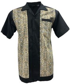 These 100% cotton shirts from Rockabilly Fashions are excellent quality with replica cut and features that 50s era shirts have. This version is black with brown snakeskin- a classic.  Great for the summer as they have short sleeves and open collar. Striking stage wear for bands or for dancing.   Design and cut of the shirt are authentic to the 50s vintage look. Choice of sizes, see size chart. Fitted Short Sleeve Shirt With Retro Print, Retro Short Sleeve Shirt With Retro Print, Cotton Retro Shirt With Retro Print, Retro Collared Short Sleeve Shirt With Graphic Print, Cotton Shirt With Retro Print, Retro Short Sleeve Shirt, Retro Fitted Collared Camp Shirt, Fitted Retro Collared Camp Shirt, Retro Black Collared Shirt