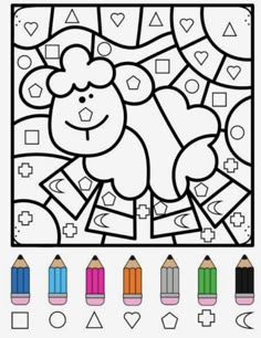 a coloring page with pencils and an image of a teddy bear in the middle