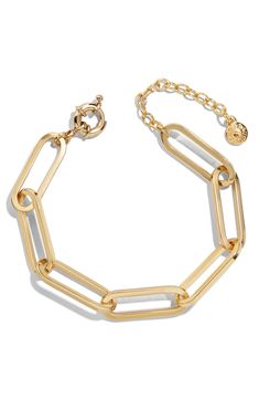 Free shipping and returns on BaubleBar Hera Link Bracelet at Nordstrom.com. Elongated links lend an elegant look to this shining goldtone bracelet that adjusts for a perfect fit. Baublebar Bracelet, Nameplate Bracelet, Elegant Look, Brass Chain, Bracelet Stack, Gold Plated Sterling Silver, Link Bracelets, Womens Bracelets, Chain Bracelet