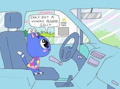 a cartoon cat sitting in the driver's seat of a car with a sign that says can't get a yummy please silly