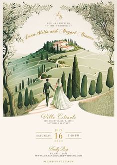 a wedding card with an image of a bride and groom walking down a path in the countryside