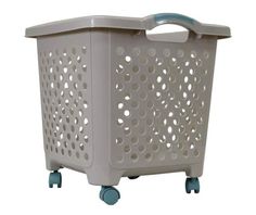 a plastic laundry basket with wheels and holes on the sides, sitting upright against a white background