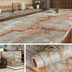 a kitchen with marble counter tops and flooring in different stages of being cleaned up