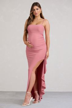 Made to comfortably contour your new curves. Cut Stem is the maternity dress to celebrate you and your plus one in the fresh season ahead. This blush pink maxi dress is crafted from our signature stretch jersey in a strappy silhouette with a ruffle-trimmed skirt split. Style this dreamy dress with simple gold hoops for a timeless baby shower look.Features- Premium stretch jersey- Straight neckline- Adjustable cami straps- Invisible zip closure- Split hemline- Ruffle trim- Maxi lengthSizing & FitModel is 5'8" and wears UK size 8 / US size 4Product InformationDesigned exclusively by Club L LondonDouble layered with excellent stretchPremium jersey in Blush Pink (95% Polyester. 5% Elastane)153cm total lengthSKU: CL129557081 Elegant Pink Maxi Maternity Dress, Elegant Pink Maxi Length Maternity Dress, Fitted Pink Maxi Maternity Dress, Pink Maxi Length Maternity Dress, Maternity Maxi Dress With Ruched Detail, Ruched Maternity Maxi Dress, Elegant Pink Maternity Maxi Dress, Pink Maternity Dress Bump Friendly, Fitted Bump Friendly Maternity Dress In Pink