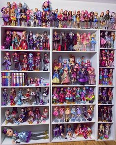 there are many dolls on the shelves in this room, all different colors and sizes