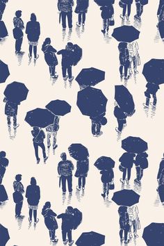 people walking in the rain with umbrellas on a white and blue wallpaper background