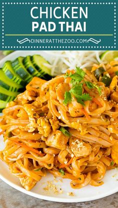 chicken pad thai noodles on a white plate