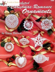 crocheted christmas ornaments are shown on a red cloth with gold ribbons and bows