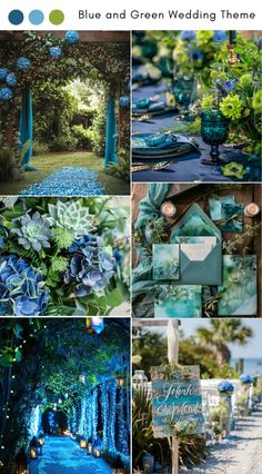 blue and green wedding theme is featured in this collage