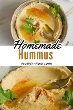 homemade hummus in a bowl with spoons and parsley on the side text overlay reads, homemade hummus