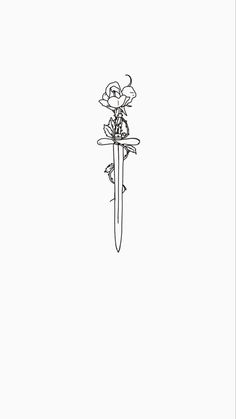 a black and white drawing of a knife with flowers on it's end, against a plain background