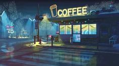 a digital painting of a coffee shop on a city street at night with traffic lights