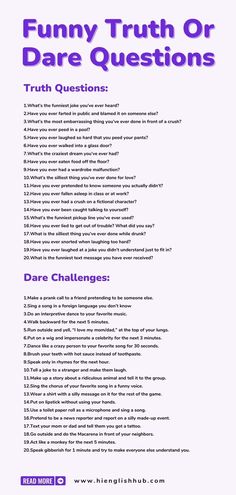 a poster with the words funny truth or dare questions in purple and blue on it