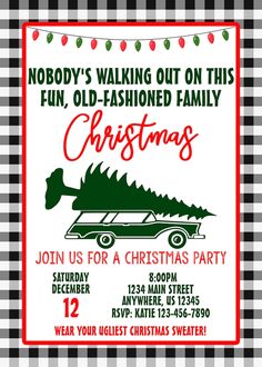 a christmas party flyer with an image of a car and tree on the front, in black and white gingham