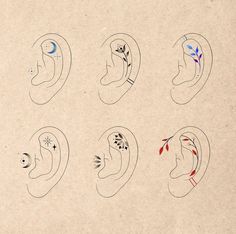 six drawings of ear shapes with leaves and flowers on them, all drawn in one line