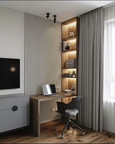 a room with a desk, chair and television in it