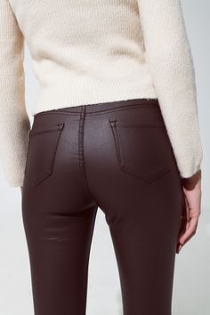 Step into sleek sophistication with our Chic Dark Brown Leatherette Super Skinny Pants, a versatile and stylish addition to your fashion repertoire. Elegant Dark Brown Color: These pants come in a rich dark brown hue, offering a luxurious and versatile alternative to traditional black leatherette pants. High-Quality Leatherette Material: Crafted from a premium blend of 78% Viscose, 20% Polyester, and 2% Elastane, these pants provide the luxurious look of leather with added comfort and flexibilit Types Of Jeans, Stylish Pants, Pants Fit, Dark Brown Color, Bold Fashion, Edgy Fashion, Denim Fashion, Brown Color, Clothing Items