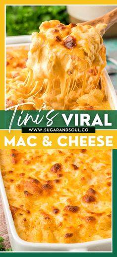 macaroni and cheese casserole with text overlay