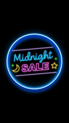 a neon sign that says midnight sale with stars and moon in the center on a black background