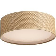 a round light fixture with woven fabric on the bottom and beige trim around the edges