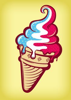 an ice cream cone with blue and red swirls on it's top, in a yellow background