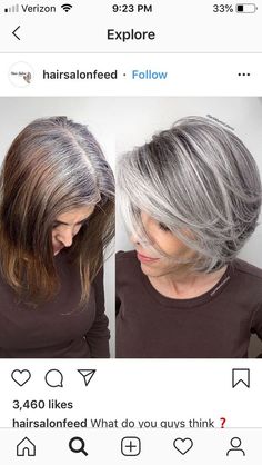 21 PERFECT HAIRSTYLES FOR WOMEN OVER 50 - valemoods Hair Highlights And Lowlights, Blending Gray Hair, Gray Hair Highlights, Bun Hairstyles For Long Hair, Hairdo For Long Hair, Pixie Bob, Short Hair With Bangs, Short Hair Styles Easy