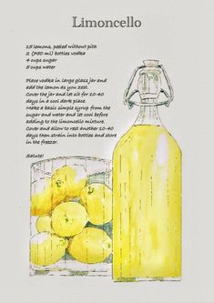 a drawing of lemons in a basket next to a bottle of lemonade with instructions on how to use it