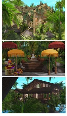 three different views of an outdoor area with palm trees