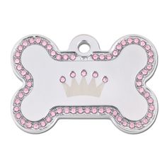 a dog tag with pink crystals and a crown on it