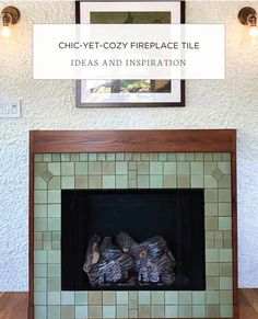 a fire place with tile and wood in it