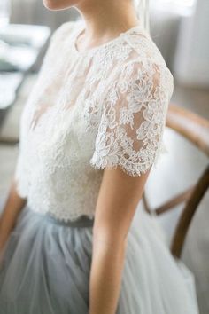 Pretty, delicate, lacy, floaty perfection Scoop Wedding Dress, Sweep Train Wedding Dress, Short Sleeve Wedding Dress, Two Piece Wedding Dress, Skirt Tulle, Grey Skirt, Look Retro, Bohol, Wedding Dress Sleeves