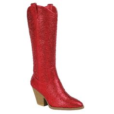 Step Out In These Eye Catching Sparkly Rhinestone Cowboy Boots New In Box Faux Leatherette Material Rhinestone Encrusted Uppers Lightly Padded Insole Side Zipper For Easy Shoe Removal Heel Height: 3 In. Fitting: True To Size. Regular Fit. Red Rhinestone Boots, Rhinestone Cowboy Boots, High Cowboy Boots, Knee High Cowboy Boots, Rhinestone Cowboy, Red Rhinestone, Concert Outfit, New Woman, Lady In Red