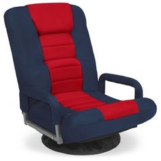 an office chair with red and blue fabric on the back, in front of a white background