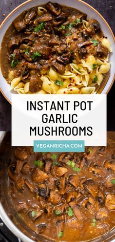 instant pot garlic mushroom soup in a white bowl with text overlay that reads instant pot garlic mushrooms